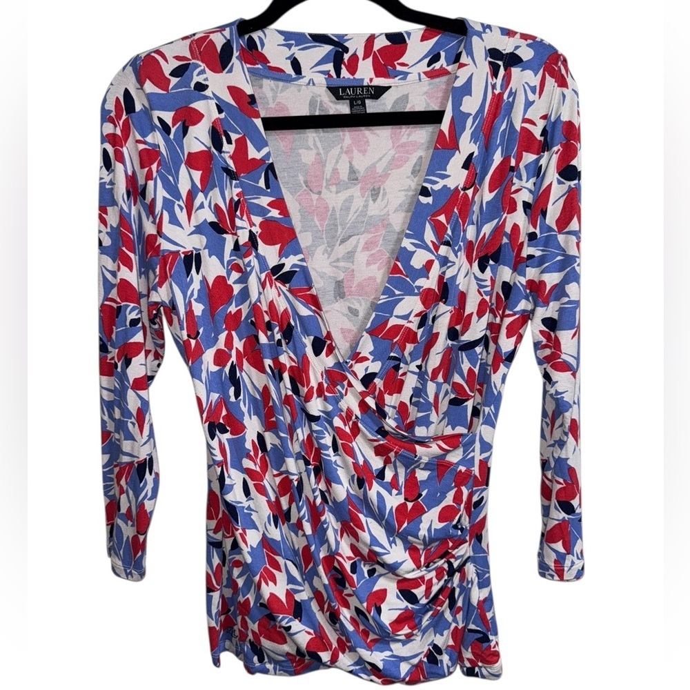 Lauren Ralph Lauren Floral Wrap Style Long Sleeve Top Size L Stretch